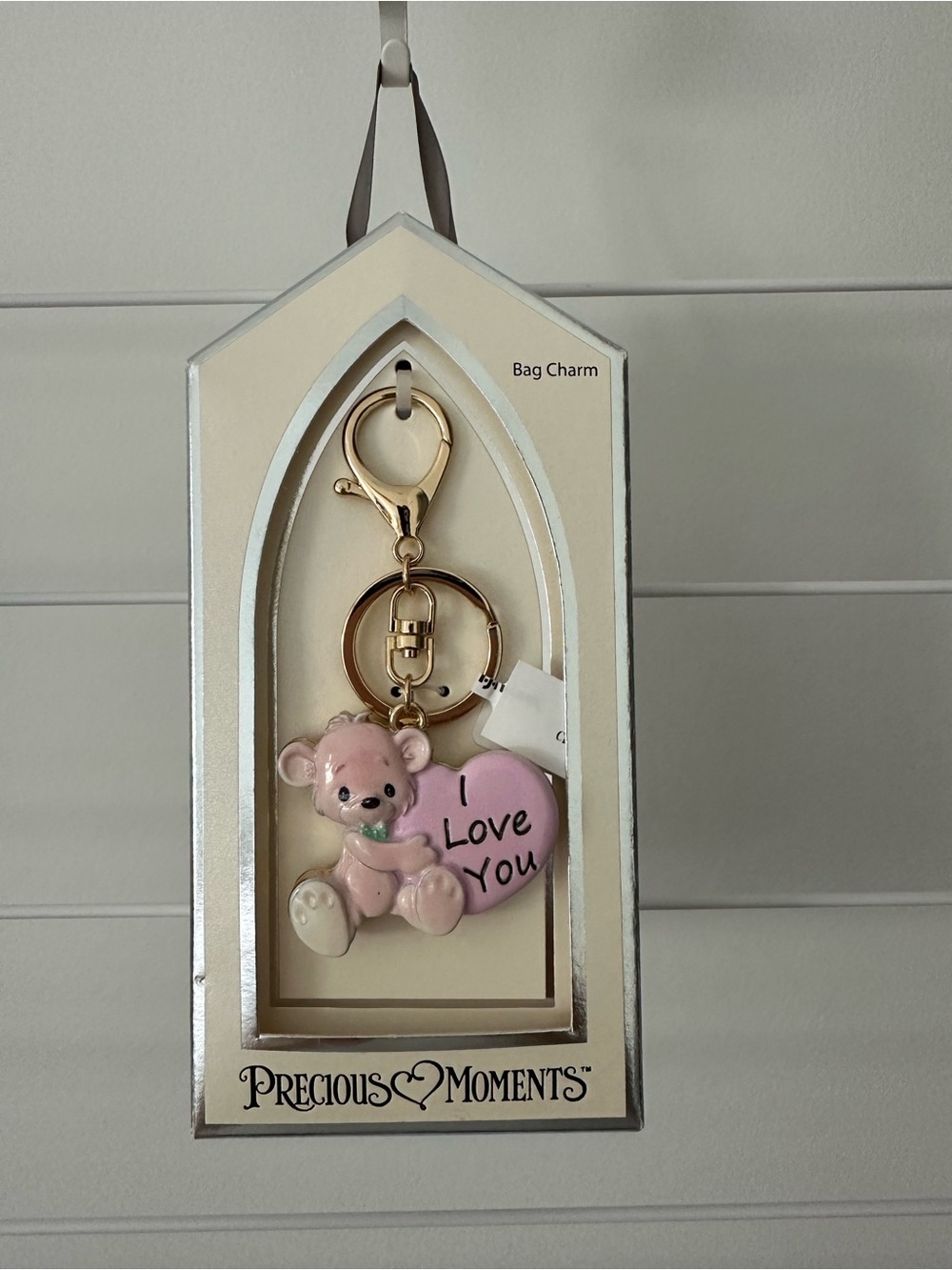 Precious Moments Pink Bear Keychain with Heart Charm